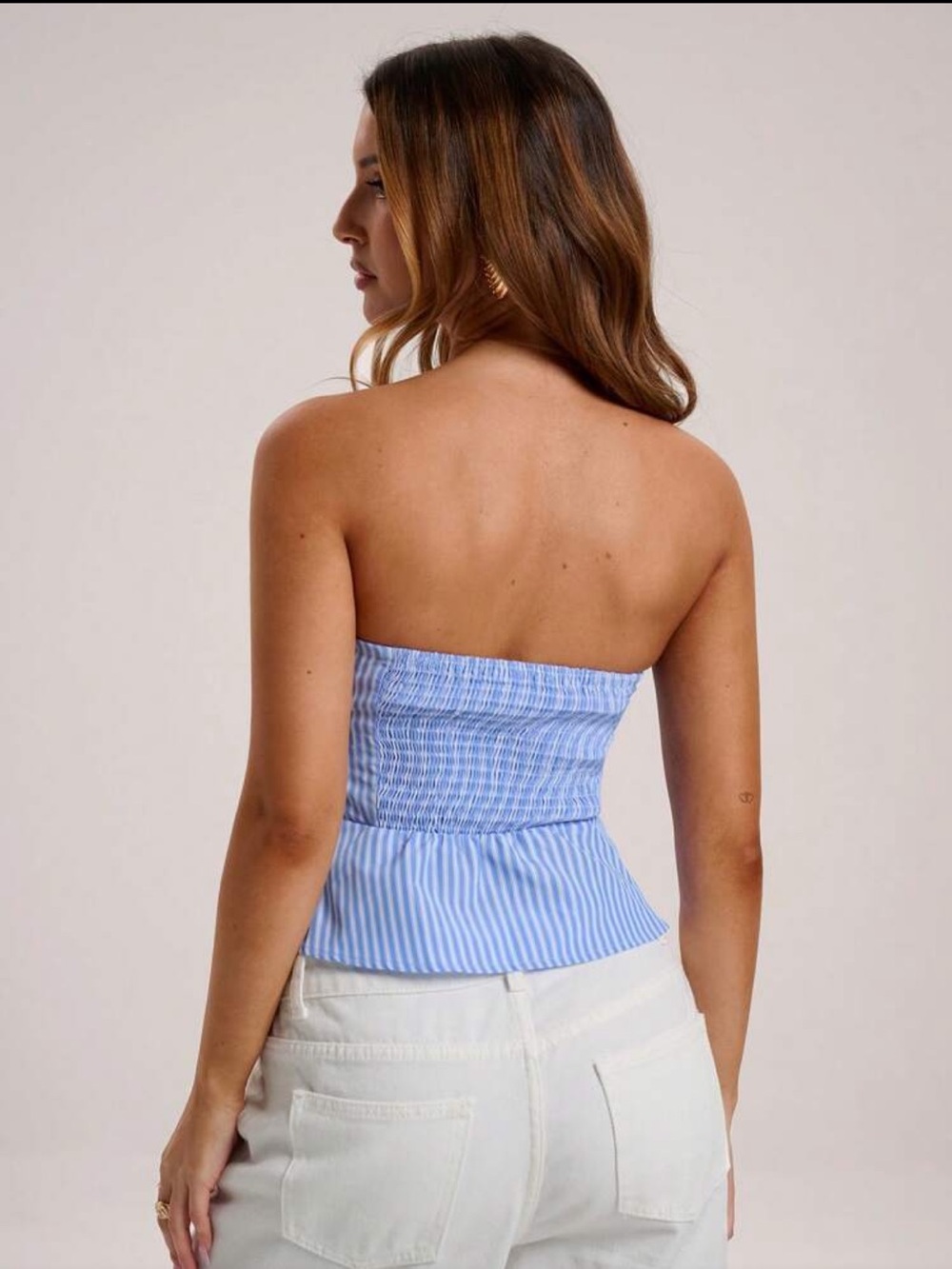 Striped Strapless Button-Front Corset Top in Light Blue - Picture 2 of 3